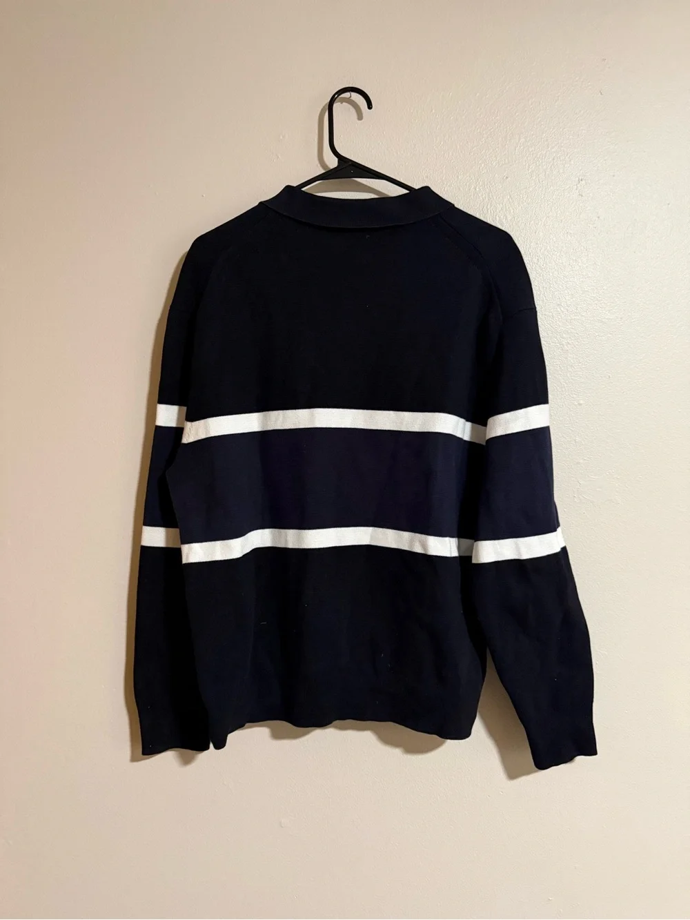 COS Navy and White Relaxed-Fit Striped Polo Sweater Size Large - Picture 2 of 5